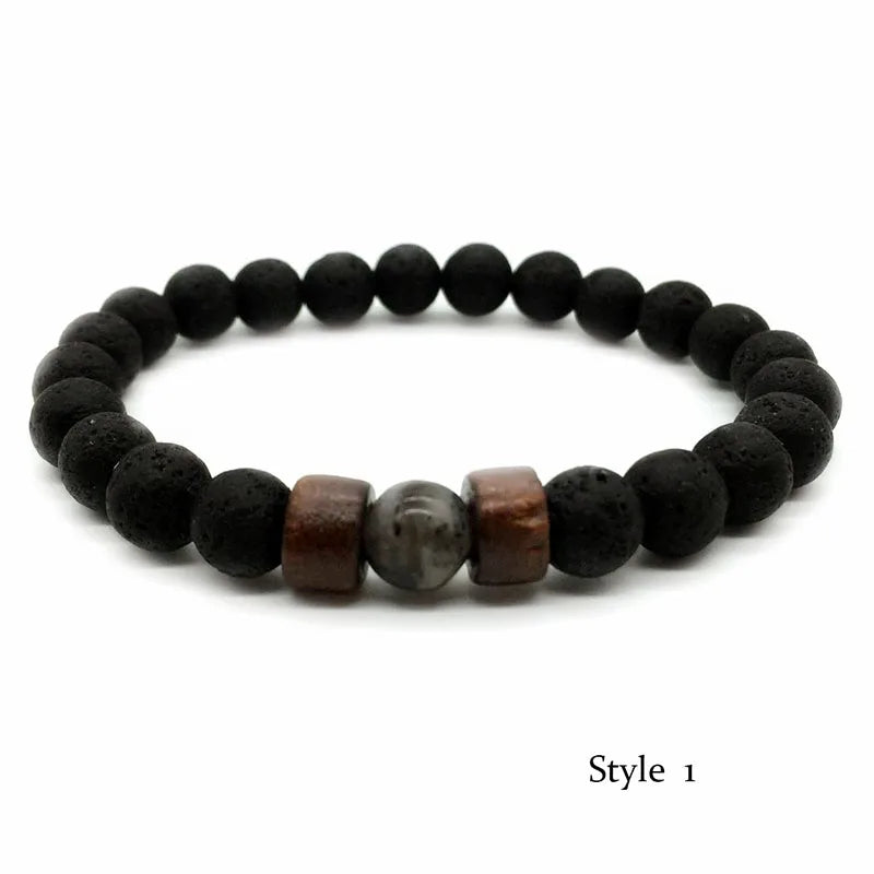 8mm Volcanic Stone Bracelet for Men Lava Wooden Beads Bracelet Tibetan Buddha Male Wrist Chain Jewelry Handmade Elastic Bracelet